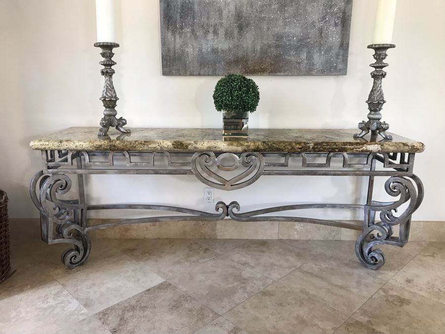 Large Console Entry Table With Thick Marble Top And Ornate Metal Silver Base 91'W X 21.5'D X 33'H [Photo 3]
