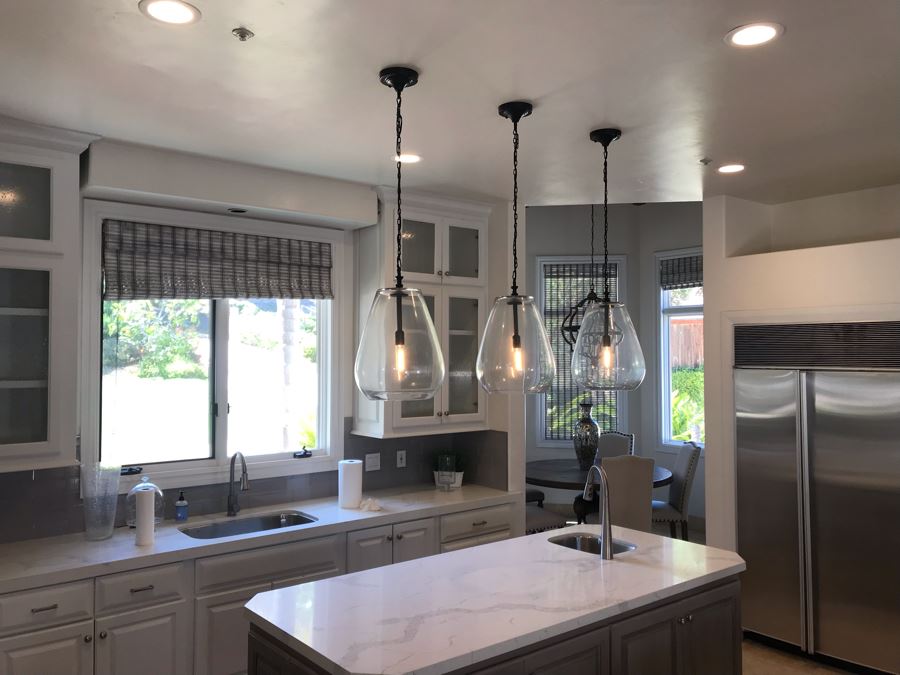 Set Of (3) Hanging Pendant Glass Bulb Light Fixtures [Photo 4]