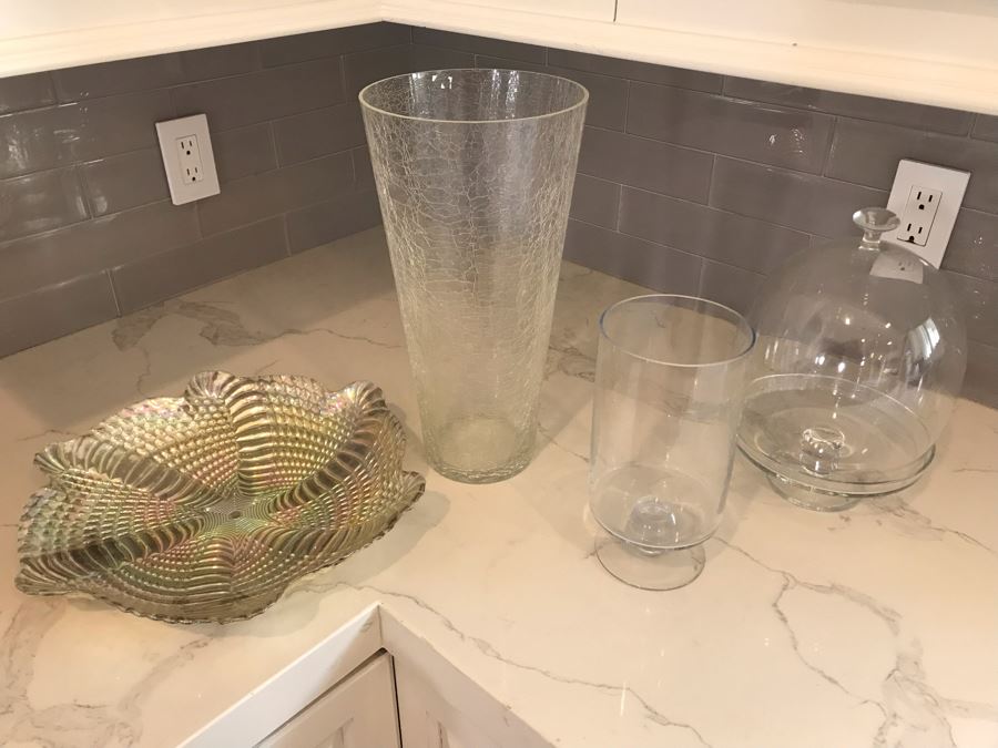 Footed Plate With Glass Dome, Pair Of Glass Vases And Decorative Plate [Photo 2]