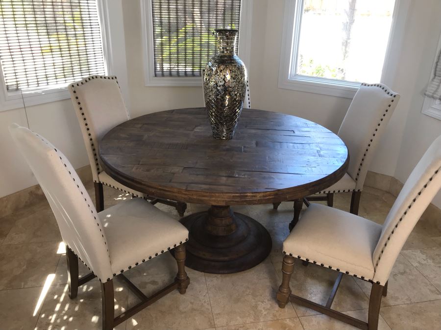 Nice Turned Wooden Pedestal Table 5'R X 31.5'H With (5) Upholstered Dining Chairs And Geometric Mosiac Glass Vase (Fabric On Chairs Have Some Staining) [Photo 13]