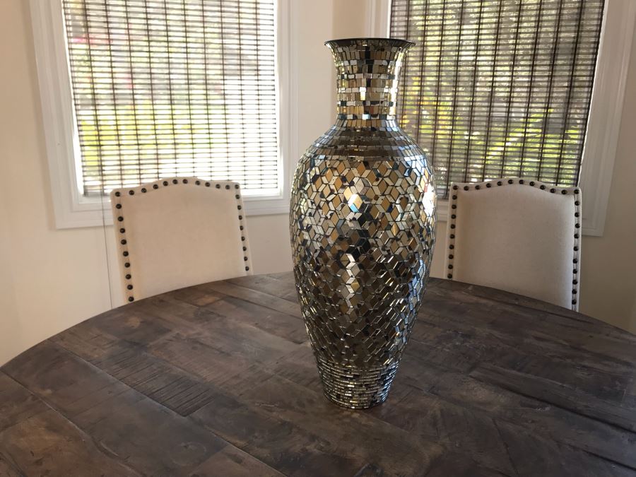Nice Turned Wooden Pedestal Table 5'R X 31.5'H With (5) Upholstered Dining Chairs And Geometric Mosiac Glass Vase (Fabric On Chairs Have Some Staining) [Photo 17]