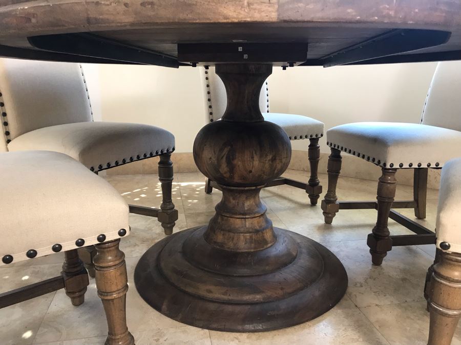 Nice Turned Wooden Pedestal Table 5'R X 31.5'H With (5) Upholstered Dining Chairs And Geometric Mosiac Glass Vase (Fabric On Chairs Have Some Staining) [Photo 5]