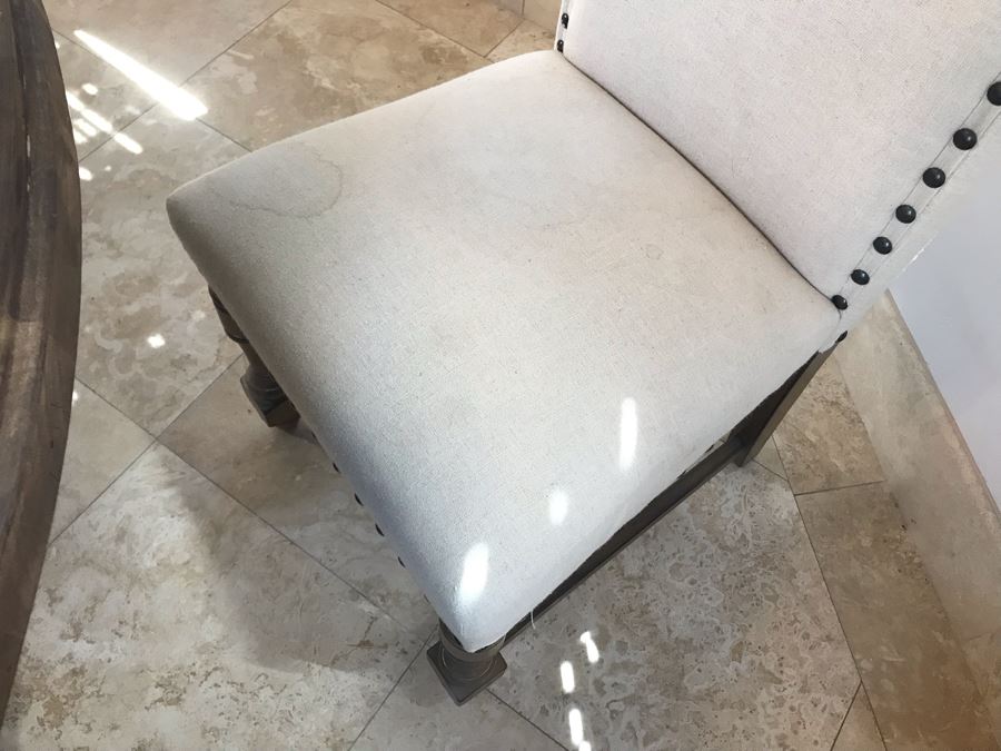 Nice Turned Wooden Pedestal Table 5'R X 31.5'H With (5) Upholstered Dining Chairs And Geometric Mosiac Glass Vase (Fabric On Chairs Have Some Staining) [Photo 23]