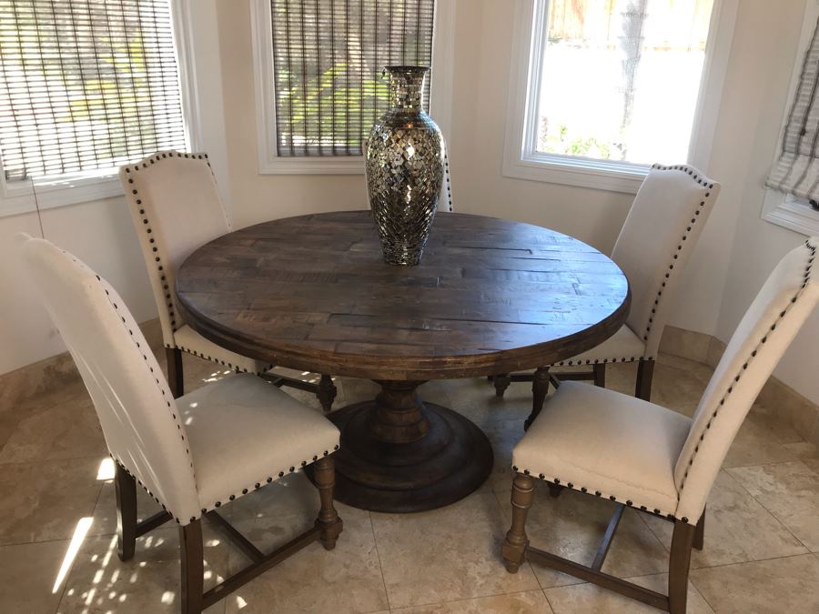 Nice Turned Wooden Pedestal Table 5'R X 31.5'H With (5) Upholstered Dining Chairs And Geometric Mosiac Glass Vase (Fabric On Chairs Have Some Staining) [Photo 15]
