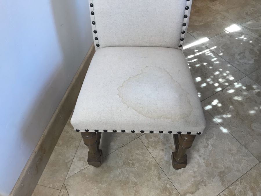Nice Turned Wooden Pedestal Table 5'R X 31.5'H With (5) Upholstered Dining Chairs And Geometric Mosiac Glass Vase (Fabric On Chairs Have Some Staining) [Photo 19]