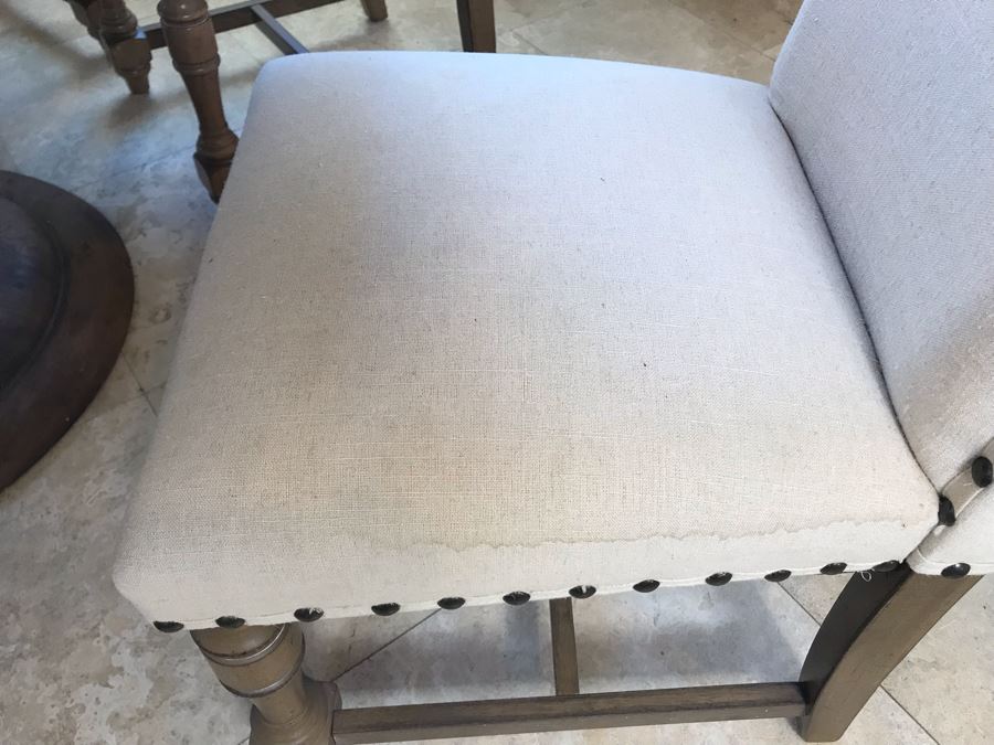 Nice Turned Wooden Pedestal Table 5'R X 31.5'H With (5) Upholstered Dining Chairs And Geometric Mosiac Glass Vase (Fabric On Chairs Have Some Staining) [Photo 20]