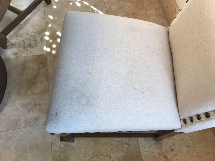 Nice Turned Wooden Pedestal Table 5'R X 31.5'H With (5) Upholstered Dining Chairs And Geometric Mosiac Glass Vase (Fabric On Chairs Have Some Staining) [Photo 22]