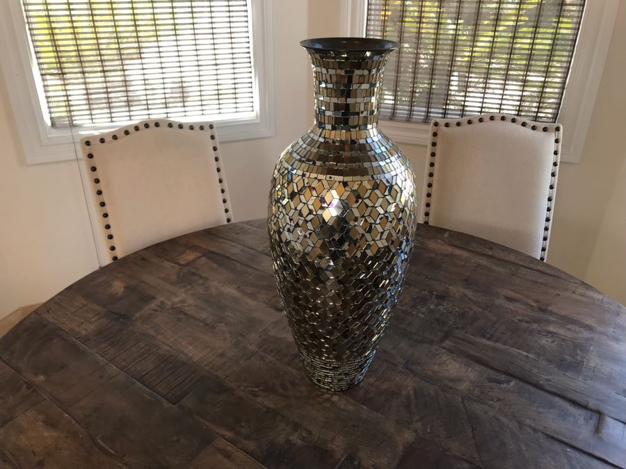 Nice Turned Wooden Pedestal Table 5'R X 31.5'H With (5) Upholstered Dining Chairs And Geometric Mosiac Glass Vase (Fabric On Chairs Have Some Staining) [Photo 18]