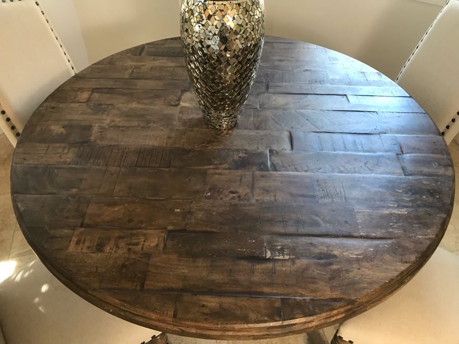 Nice Turned Wooden Pedestal Table 5'R X 31.5'H With (5) Upholstered Dining Chairs And Geometric Mosiac Glass Vase (Fabric On Chairs Have Some Staining) [Photo 4]