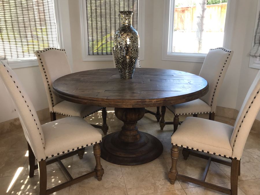 Nice Turned Wooden Pedestal Table 5'R X 31.5'H With (5) Upholstered ...