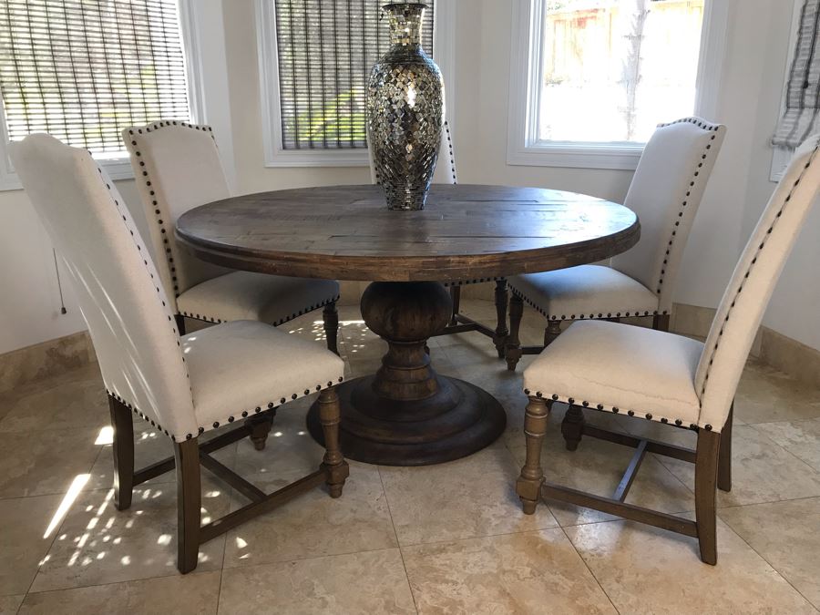 Nice Turned Wooden Pedestal Table 5'R X 31.5'H With (5) Upholstered Dining Chairs And Geometric Mosiac Glass Vase (Fabric On Chairs Have Some Staining) [Photo 12]