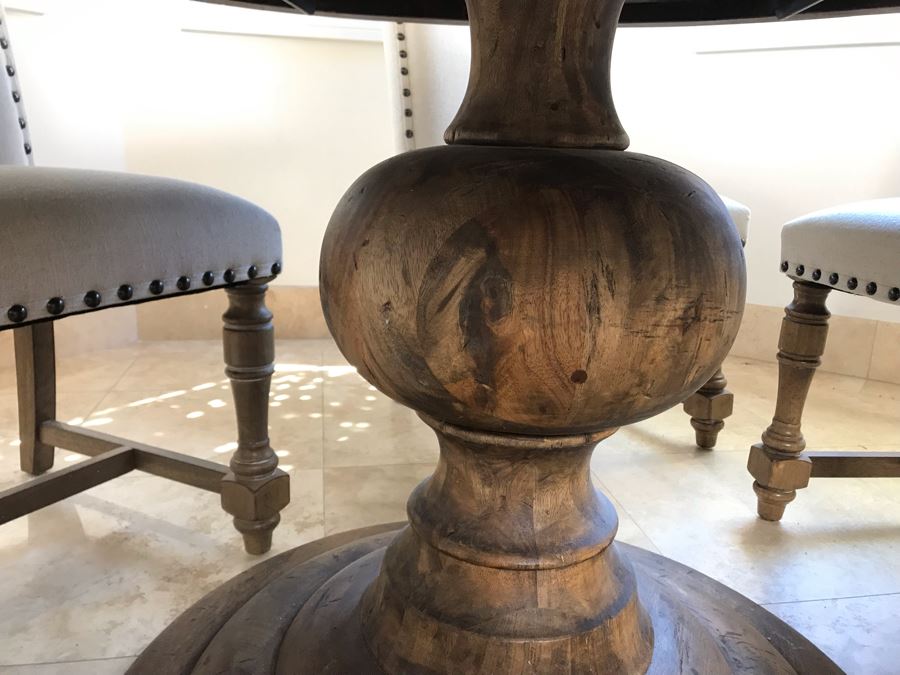 Nice Turned Wooden Pedestal Table 5'R X 31.5'H With (5) Upholstered Dining Chairs And Geometric Mosiac Glass Vase (Fabric On Chairs Have Some Staining) [Photo 8]