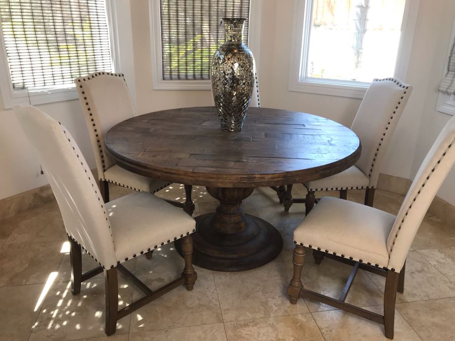 Nice Turned Wooden Pedestal Table 5'R X 31.5'H With (5) Upholstered Dining Chairs And Geometric Mosiac Glass Vase (Fabric On Chairs Have Some Staining) [Photo 14]