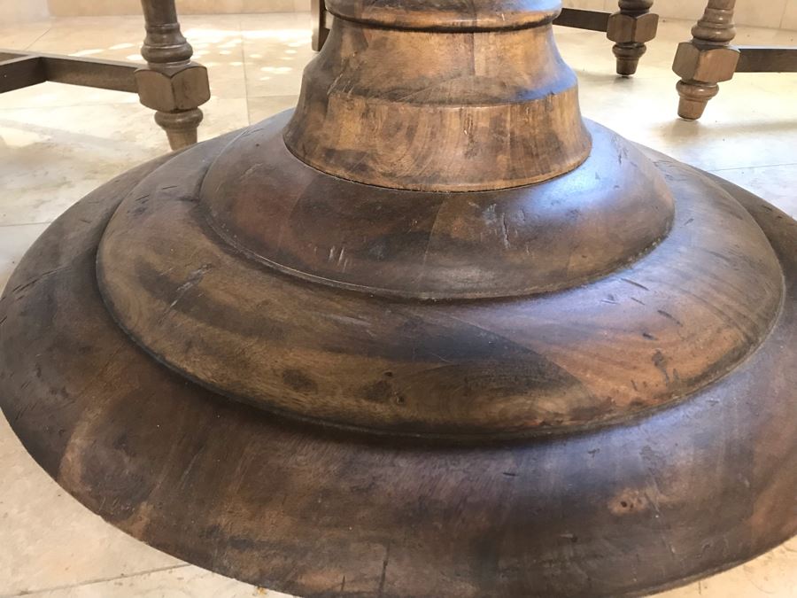 Nice Turned Wooden Pedestal Table 5'R X 31.5'H With (5) Upholstered Dining Chairs And Geometric Mosiac Glass Vase (Fabric On Chairs Have Some Staining) [Photo 7]