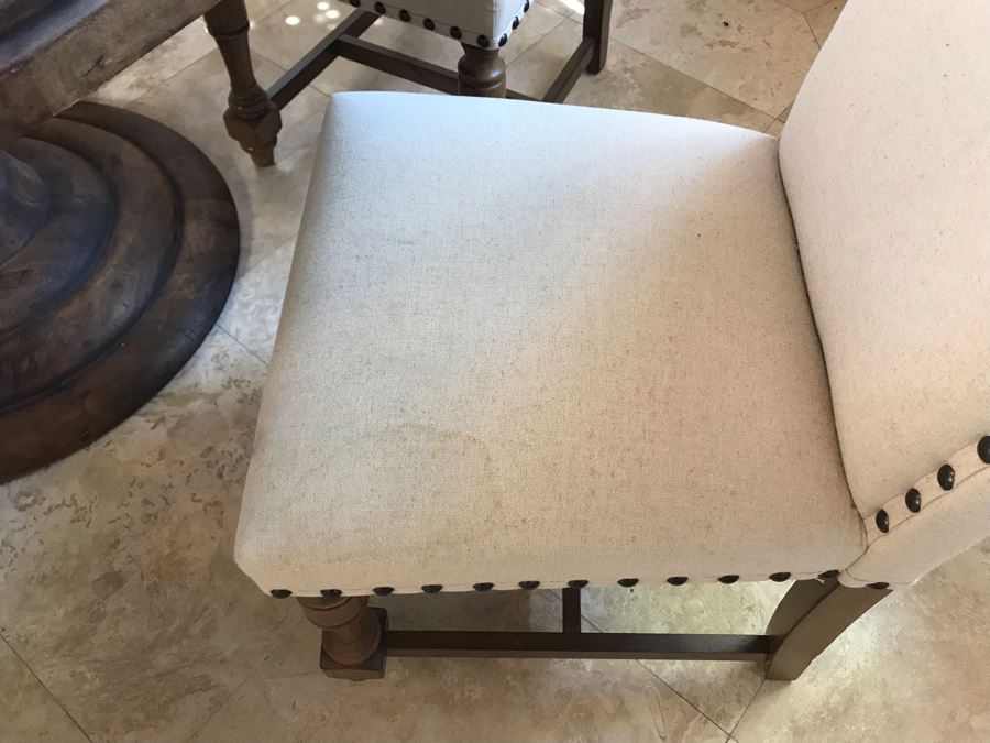 Nice Turned Wooden Pedestal Table 5'R X 31.5'H With (5) Upholstered Dining Chairs And Geometric Mosiac Glass Vase (Fabric On Chairs Have Some Staining) [Photo 21]