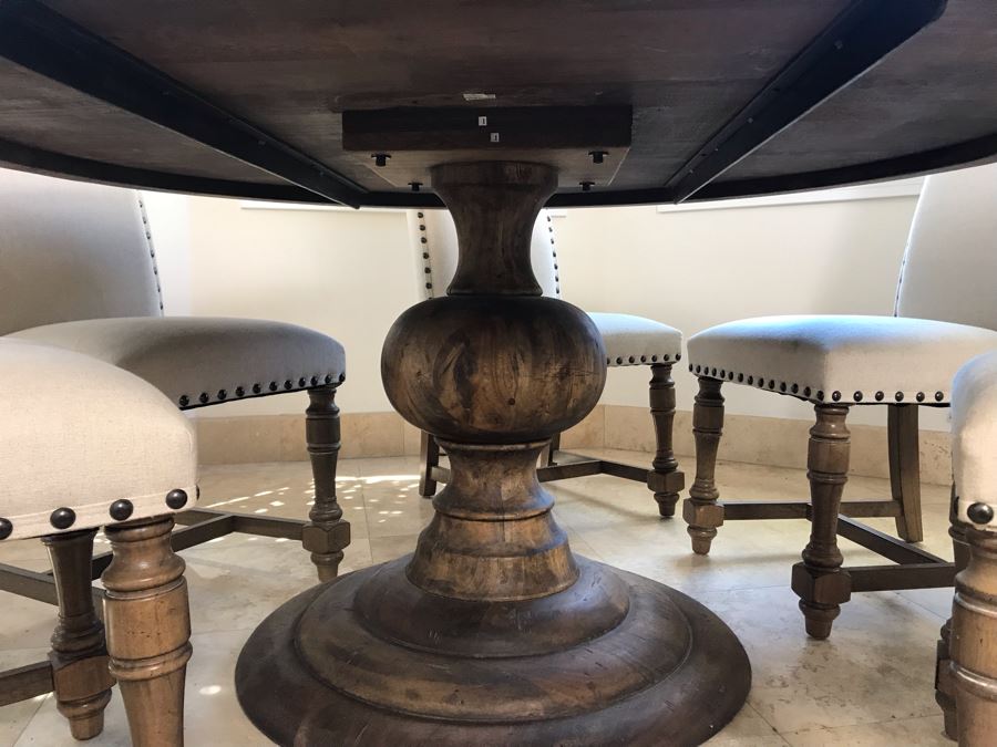 Nice Turned Wooden Pedestal Table 5'R X 31.5'H With (5) Upholstered Dining Chairs And Geometric Mosiac Glass Vase (Fabric On Chairs Have Some Staining) [Photo 6]
