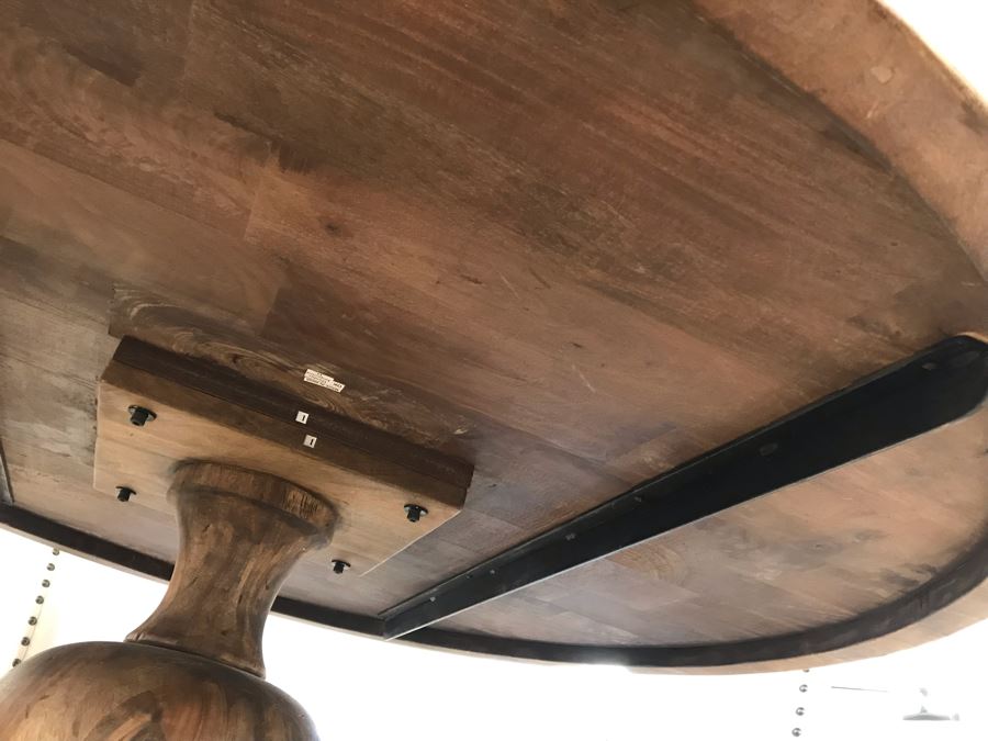 Nice Turned Wooden Pedestal Table 5'R X 31.5'H With (5) Upholstered Dining Chairs And Geometric Mosiac Glass Vase (Fabric On Chairs Have Some Staining) [Photo 10]