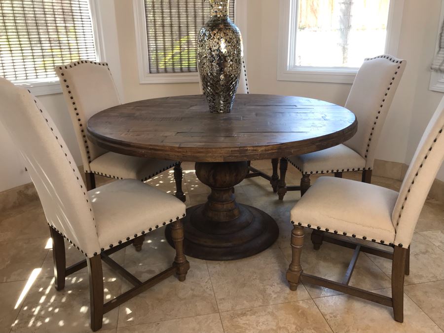 Nice Turned Wooden Pedestal Table 5'R X 31.5'H With (5) Upholstered Dining Chairs And Geometric Mosiac Glass Vase (Fabric On Chairs Have Some Staining) [Photo 16]