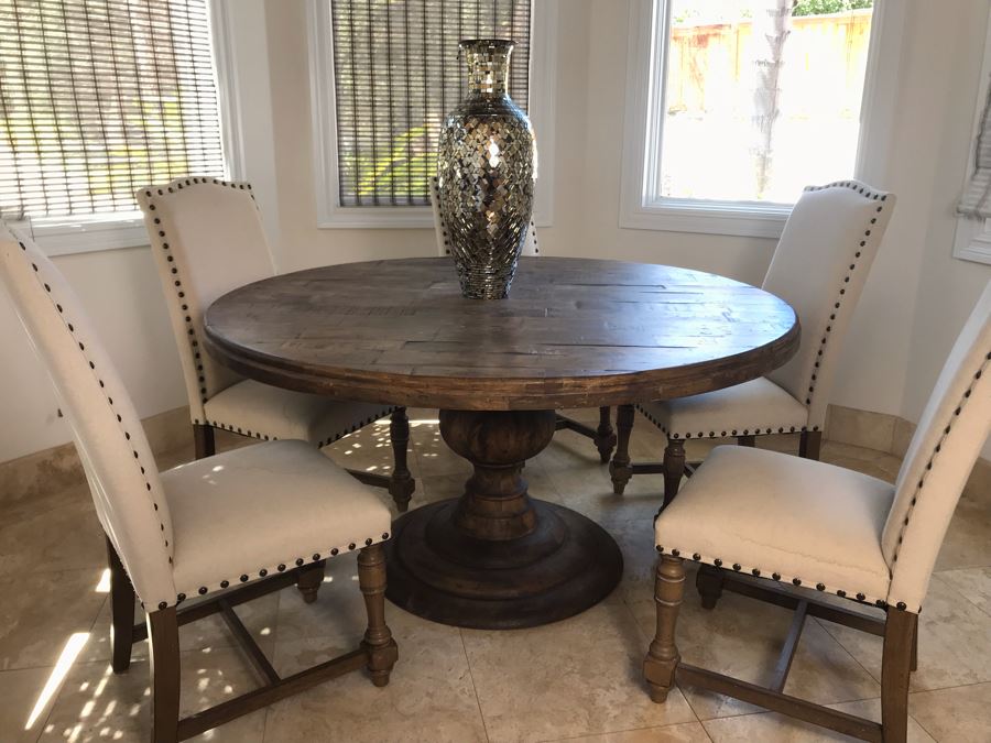 Nice Turned Wooden Pedestal Table 5'R X 31.5'H With (5) Upholstered Dining Chairs And Geometric Mosiac Glass Vase (Fabric On Chairs Have Some Staining) [Photo 3]