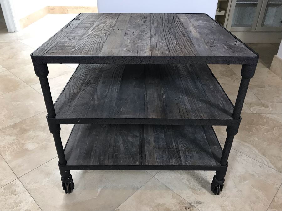Industrial Wood And Metal Table Cart With Metal Casters 3-Shelves 27.5' X 27.5' X 25.5'H [Photo 1]