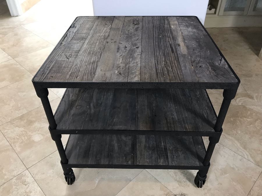 Industrial Wood And Metal Table Cart With Metal Casters 3-Shelves 27.5' X 27.5' X 25.5'H [Photo 7]