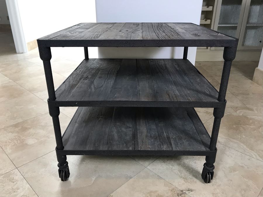 Industrial Wood And Metal Table Cart With Metal Casters 3-Shelves 27.5' X 27.5' X 25.5'H [Photo 3]