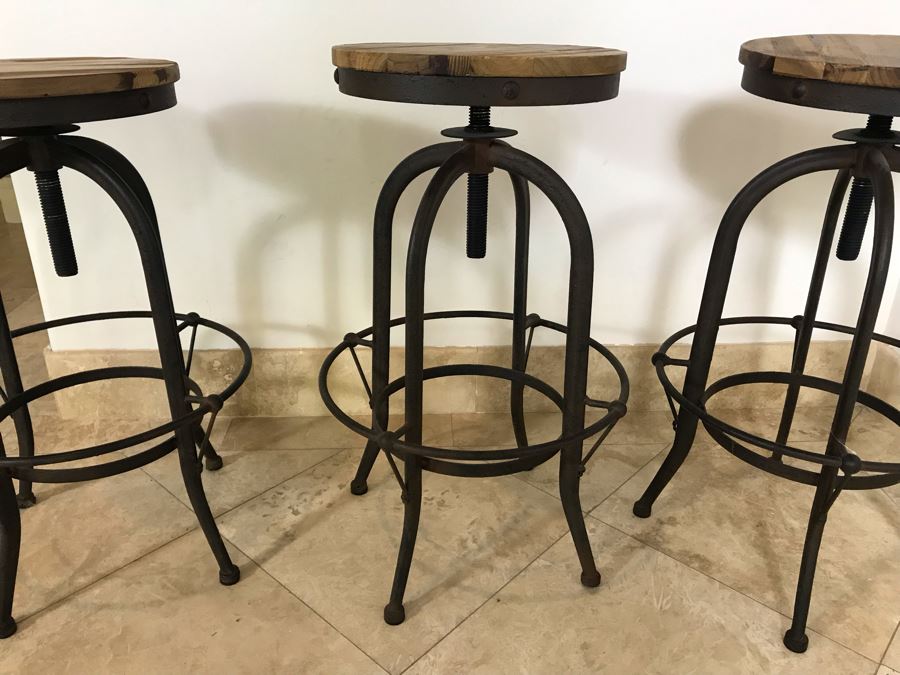 Set Of (3) Industrial Metal And Wooden Bar Stools 18'W X 29'H [Photo 7]