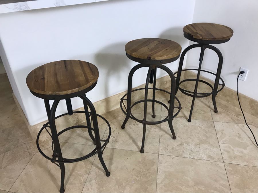 Set Of (3) Industrial Metal And Wooden Bar Stools 18'W X 29'H [Photo 9]
