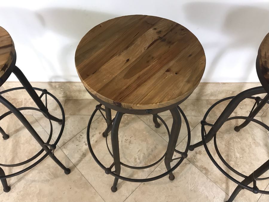 Set Of (3) Industrial Metal And Wooden Bar Stools 18'W X 29'H [Photo 4]