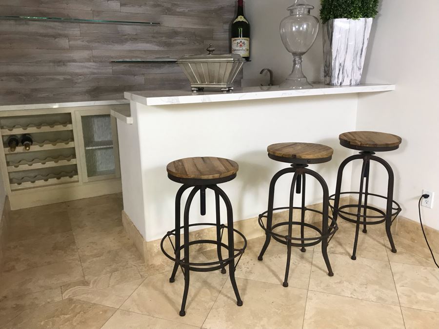 Set Of (3) Industrial Metal And Wooden Bar Stools 18'W X 29'H [Photo 10]