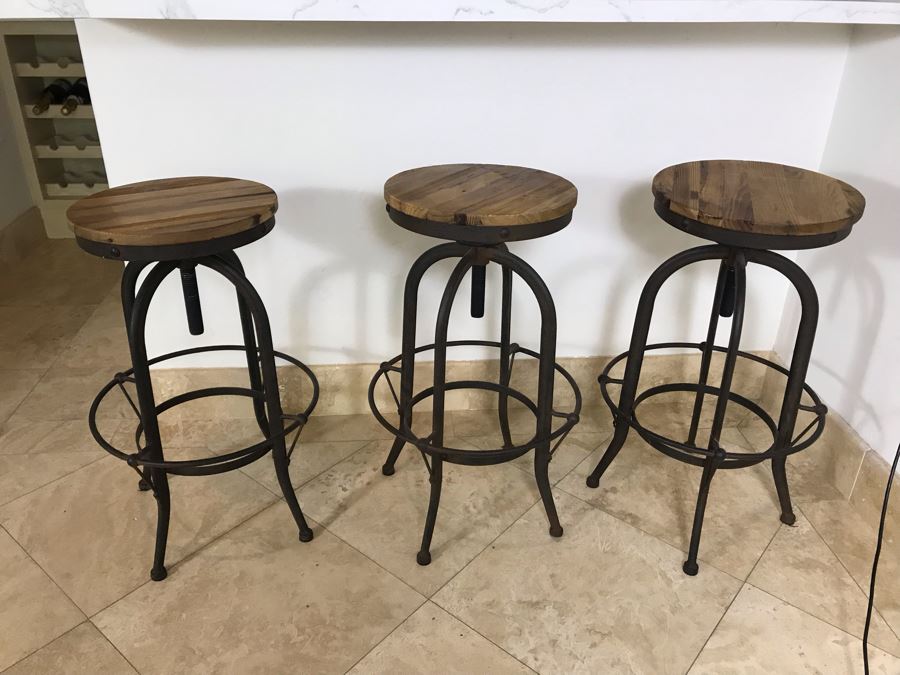 Set Of (3) Industrial Metal And Wooden Bar Stools 18'W X 29'H [Photo 2]