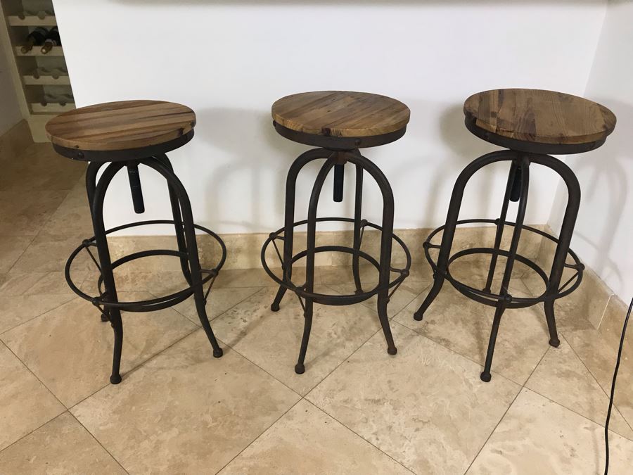Set Of (3) Industrial Metal And Wooden Bar Stools 18'W X 29'H [Photo 3]