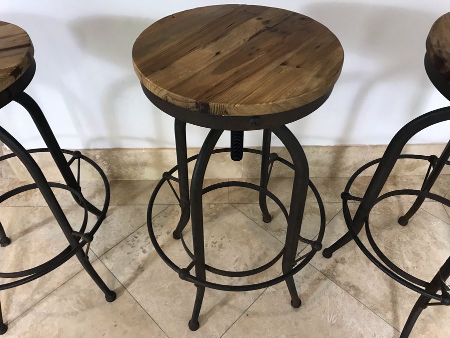 Set Of (3) Industrial Metal And Wooden Bar Stools 18'W X 29'H [Photo 5]