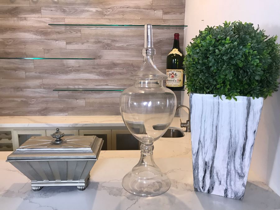 Home Decor Lot: Silver Box, Footed Glass Jar With Lid 27'H And Artificial Plant [Photo 6]