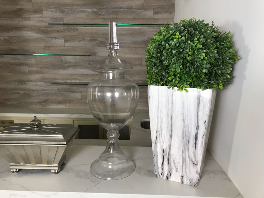 Home Decor Lot: Silver Box, Footed Glass Jar With Lid 27'H And Artificial Plant [Photo 3]