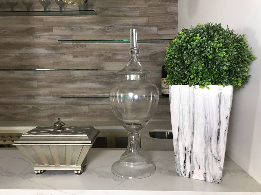 Home Decor Lot: Silver Box, Footed Glass Jar With Lid 27'H And Artificial Plant [Photo 2]