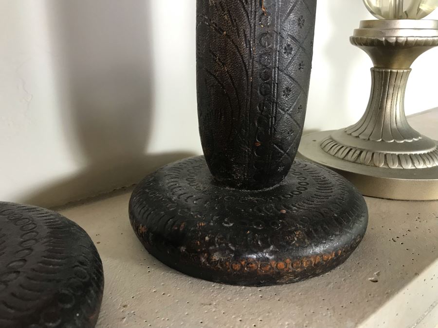 (2) Large Tooled Leather Wrapped Candle Holders And Decorative Glass Object - Larger Is Candle Holder 35'H [Photo 8]