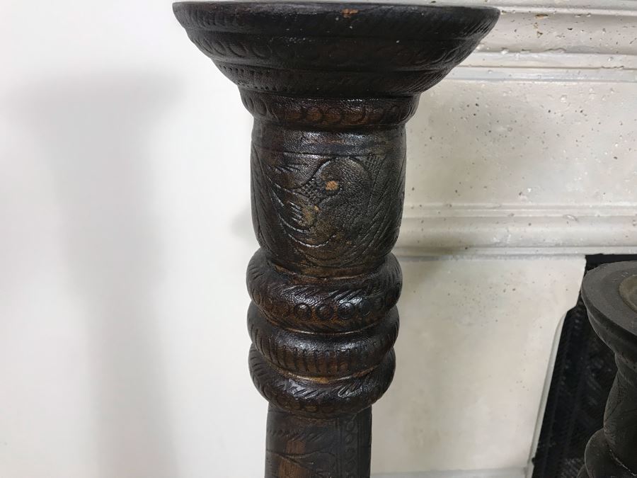 (2) Large Tooled Leather Wrapped Candle Holders And Decorative Glass Object - Larger Is Candle Holder 35'H [Photo 12]
