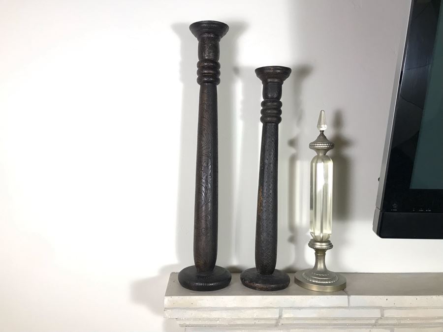 (2) Large Tooled Leather Wrapped Candle Holders And Decorative Glass Object - Larger Is Candle Holder 35'H [Photo 1]