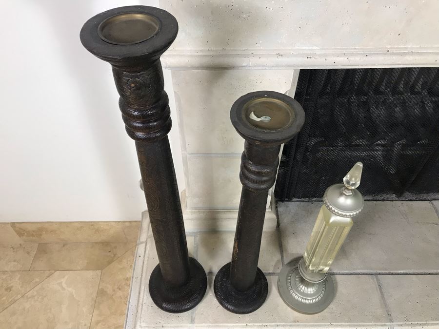 (2) Large Tooled Leather Wrapped Candle Holders And Decorative Glass Object - Larger Is Candle Holder 35'H [Photo 11]