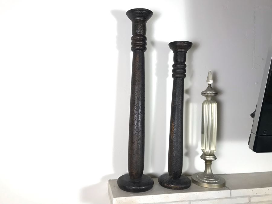 (2) Large Tooled Leather Wrapped Candle Holders And Decorative Glass Object - Larger Is Candle Holder 35'H [Photo 2]