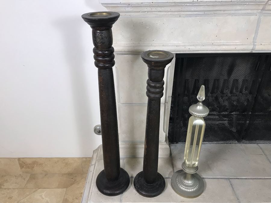 (2) Large Tooled Leather Wrapped Candle Holders And Decorative Glass Object - Larger Is Candle Holder 35'H [Photo 9]