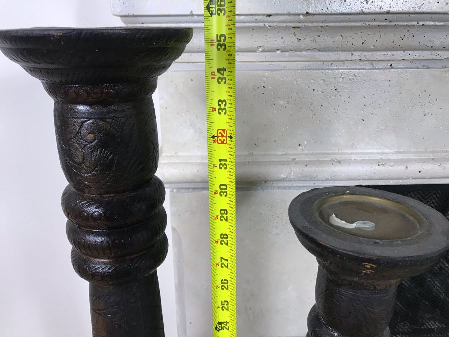 (2) Large Tooled Leather Wrapped Candle Holders And Decorative Glass Object - Larger Is Candle Holder 35'H [Photo 17]