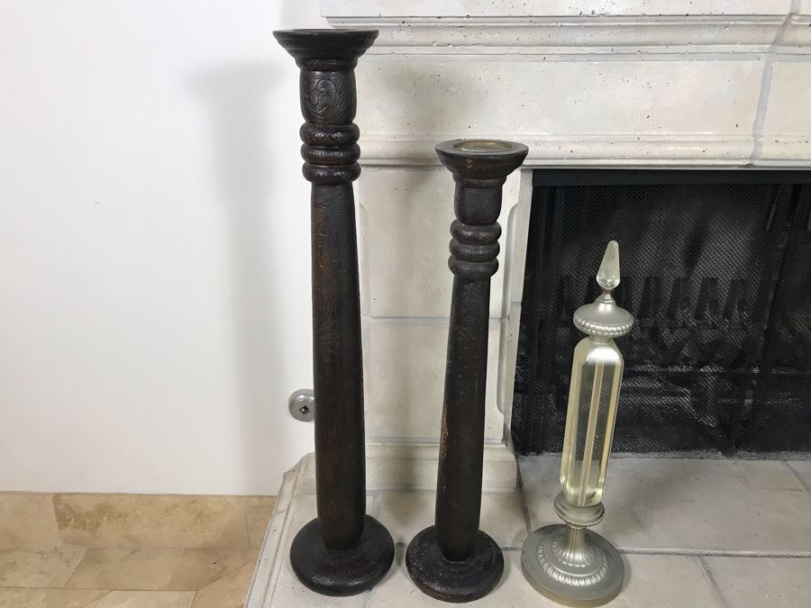 (2) Large Tooled Leather Wrapped Candle Holders And Decorative Glass Object - Larger Is Candle Holder 35'H [Photo 10]