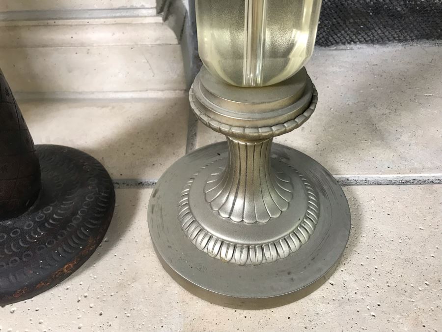 (2) Large Tooled Leather Wrapped Candle Holders And Decorative Glass