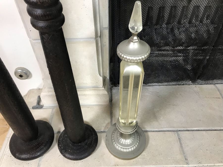 (2) Large Tooled Leather Wrapped Candle Holders And Decorative Glass Object - Larger Is Candle Holder 35'H [Photo 15]