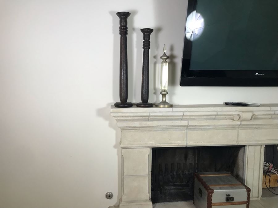 (2) Large Tooled Leather Wrapped Candle Holders And Decorative Glass Object - Larger Is Candle Holder 35'H [Photo 3]