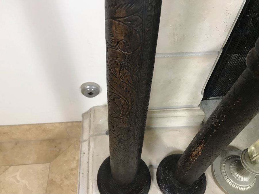 (2) Large Tooled Leather Wrapped Candle Holders And Decorative Glass Object - Larger Is Candle Holder 35'H [Photo 13]