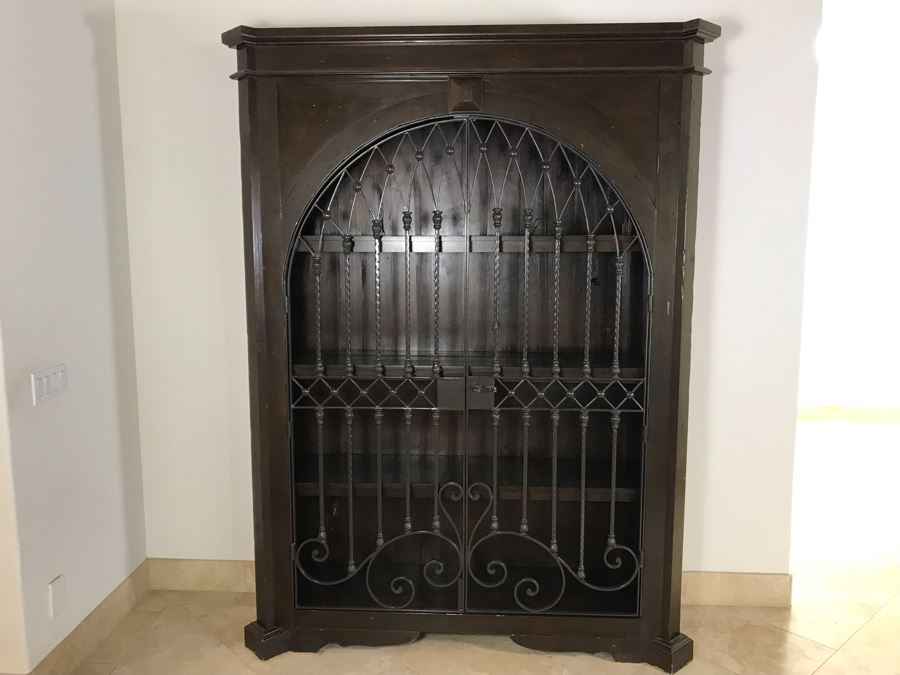Large Wooden Cabinet With (4) Shelves And Arched Wrought Iron Gate Doors 8'H [Photo 3]