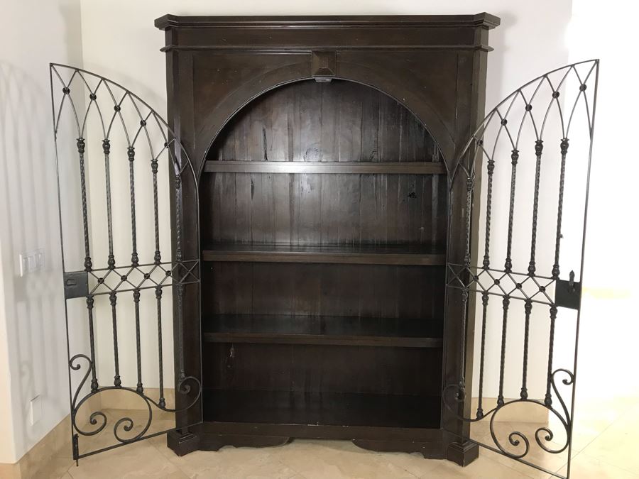 Large Wooden Cabinet With (4) Shelves And Arched Wrought Iron Gate Doors 8'H [Photo 10]